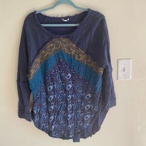 Free People Navy and Teal Patchwork sweater